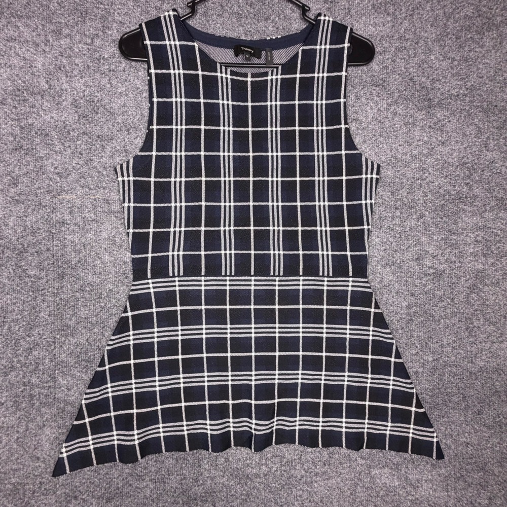 Theory Kalora Lustrate Navy White Windowpane Plaid Peplum Knit Top Womens Medium